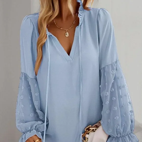 Baby Blue Casual Womens Swiss Dot Frill Trim Blouse - Picture 3 of 5